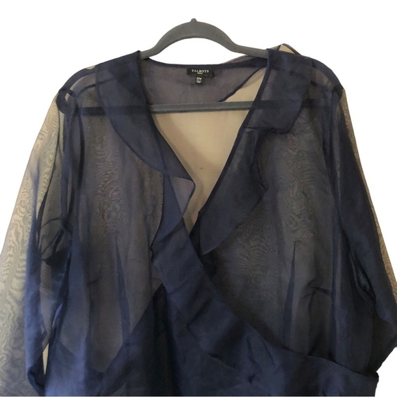 Talbots Long Sleeve Ruffle V-Neck Sheer Crepe Wrap Blouse Women's Plus 22W Blue - Picture 2 of 8